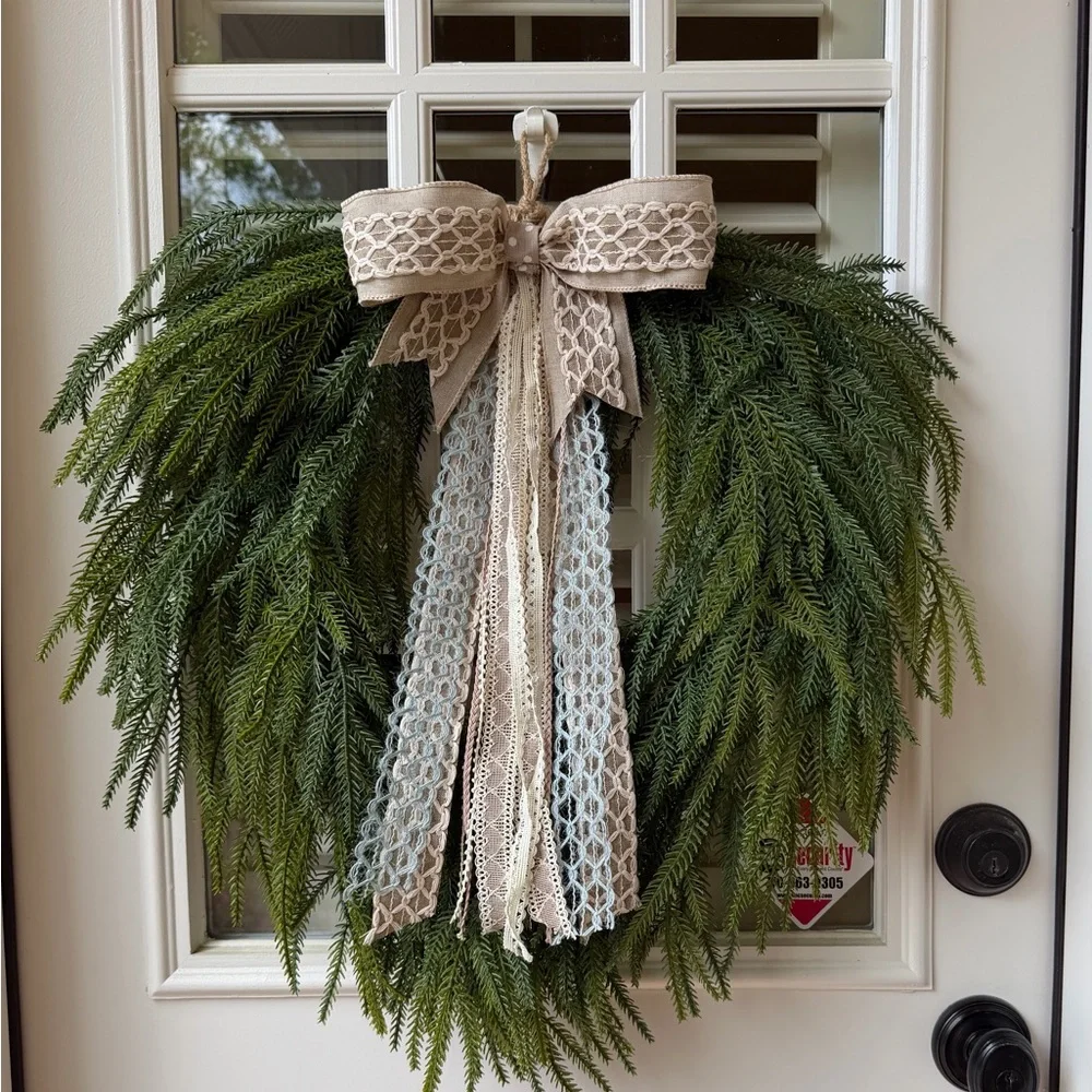 Natural Green Holiday Wreath with Beige Lace Bow